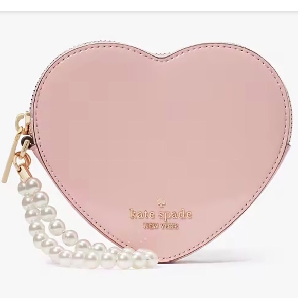 NWT-Kate Spade-Love Shack 3D Heart🩷Zip Wristlet-Patent Leather-Faux Pearl Handle - Picture 9 of 12
